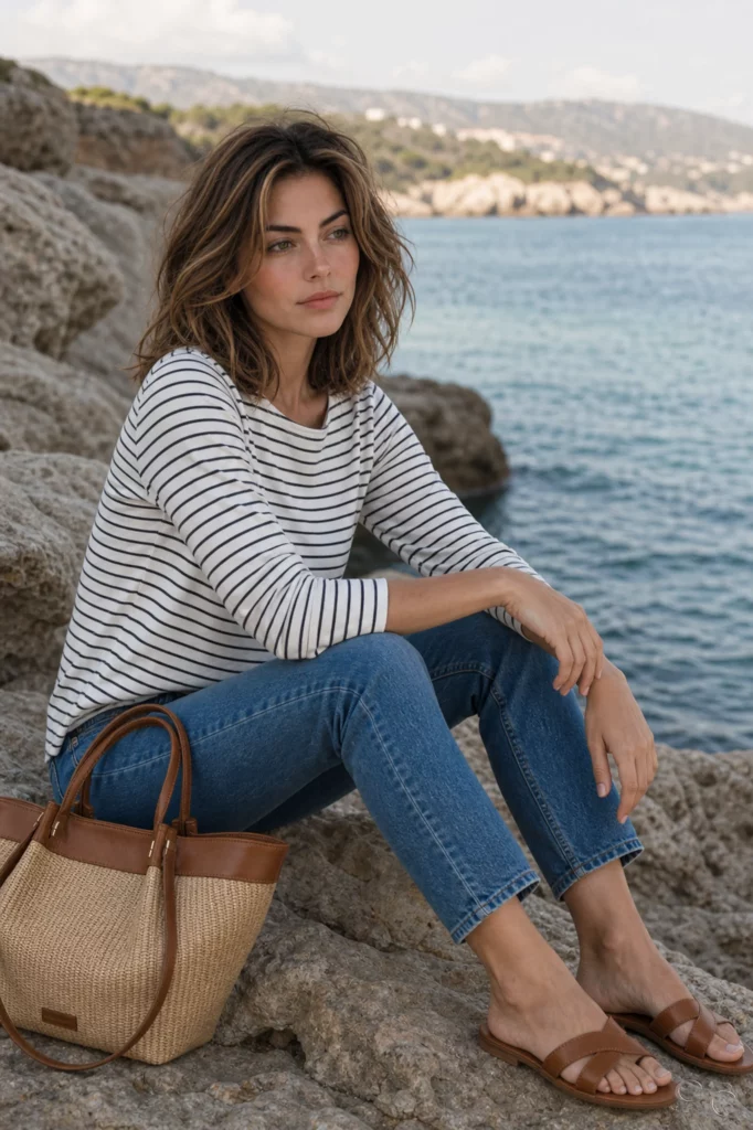A woman sits on rocky terrain near the ocean, holding a woven bag.