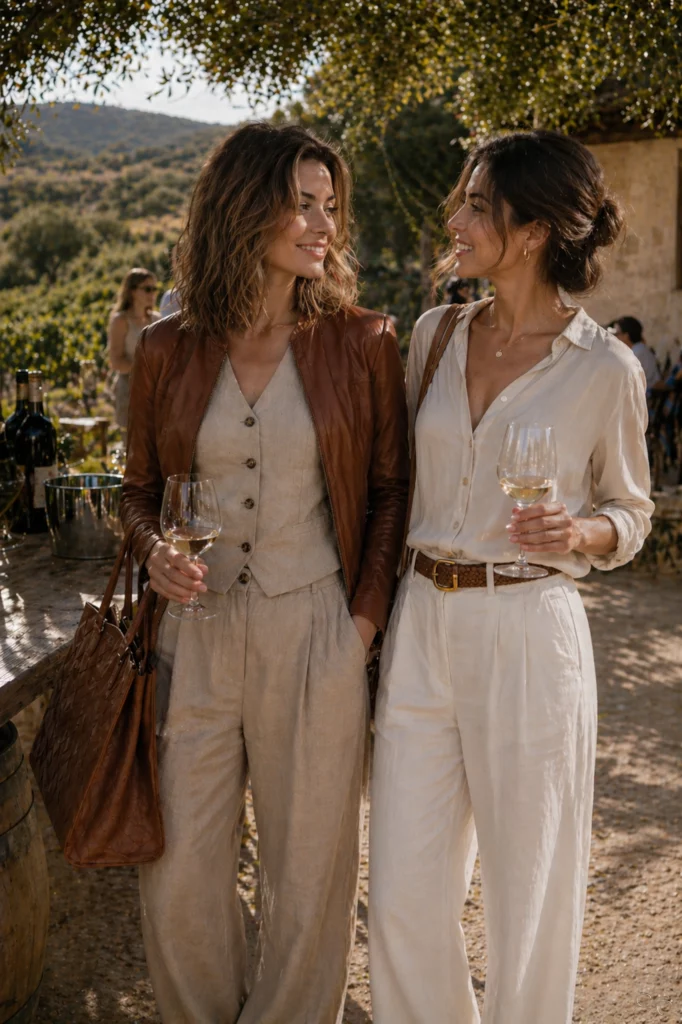 Camille and another person holding wine glasses, standing outdoors in a vineyard setting