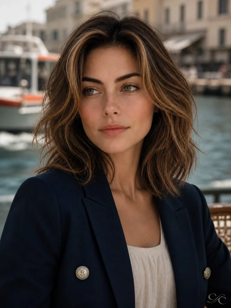 Camille gazes thoughtfully by the waterfront, with boats and buildings in the background