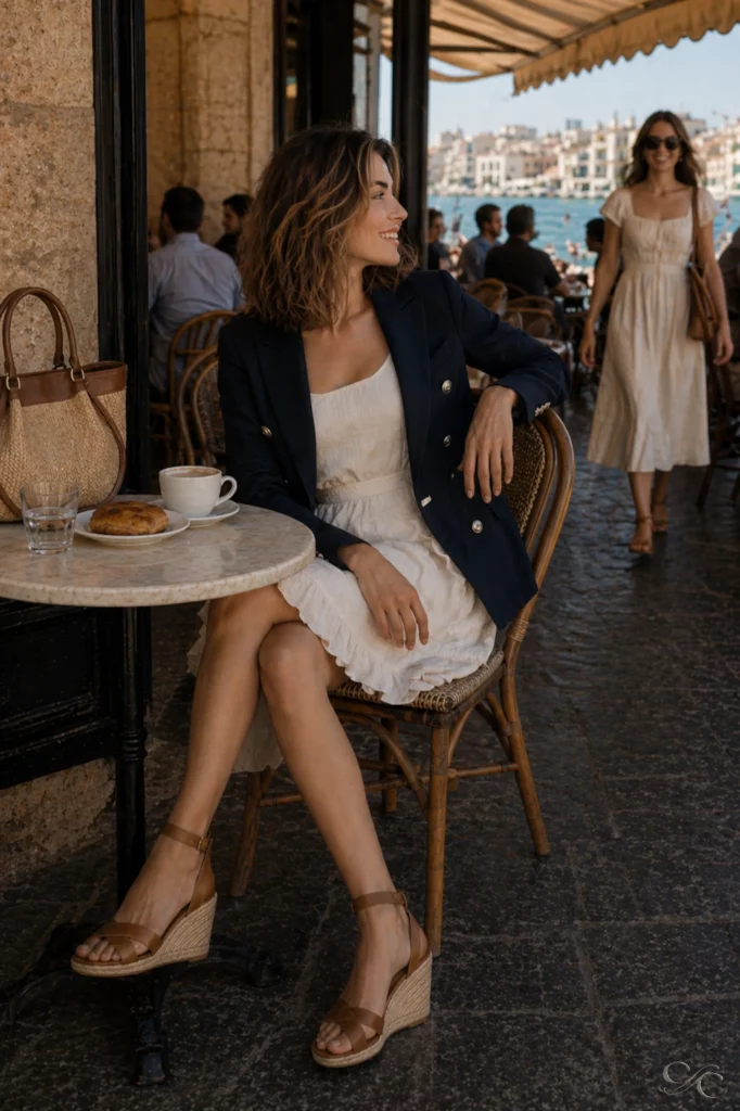 Camille sits at an outdoor café table enjoying a coffee by the waterfront.
