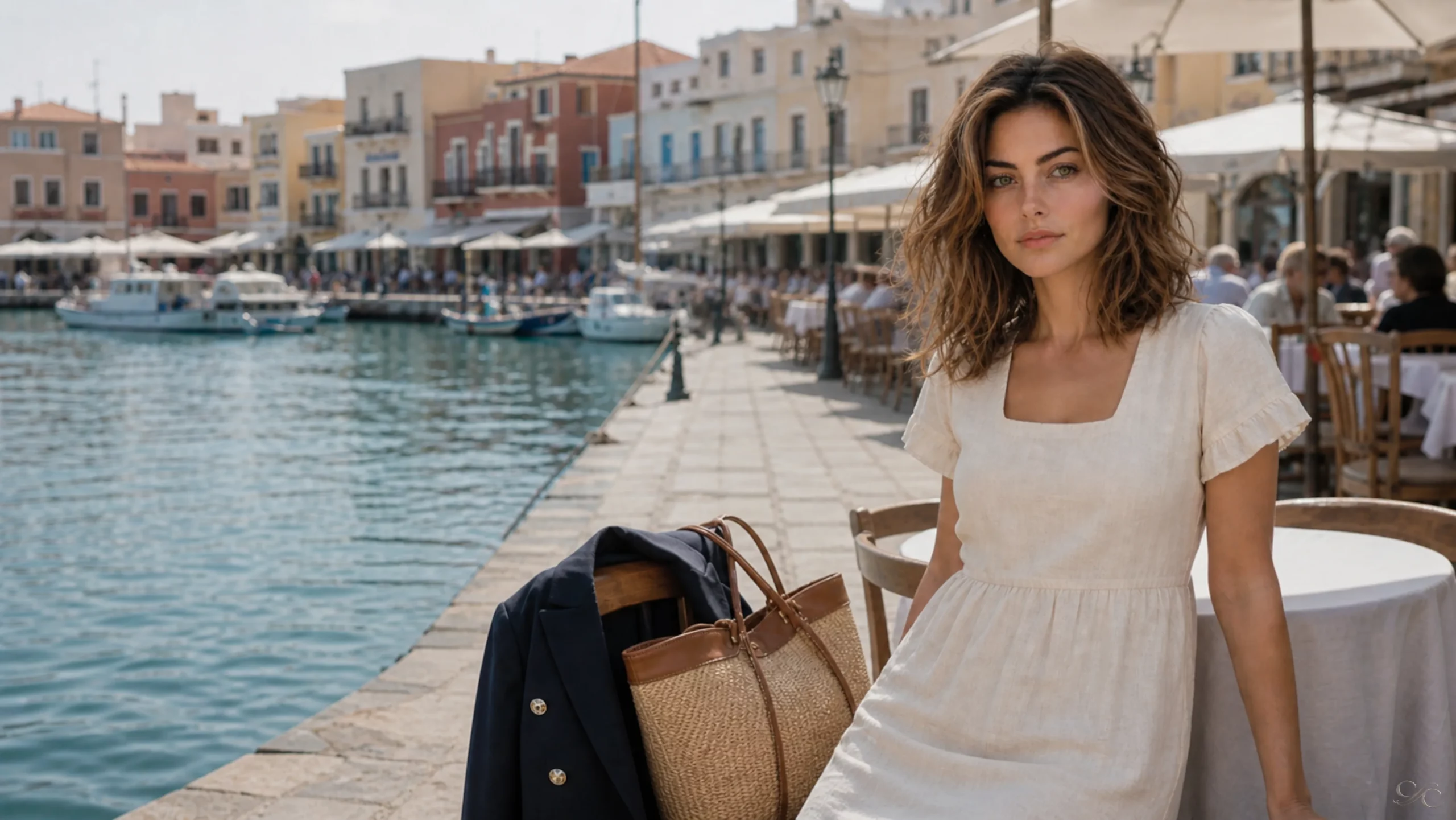 Camille sits by the waterfront at an outdoor café, with boats and buildings nearby