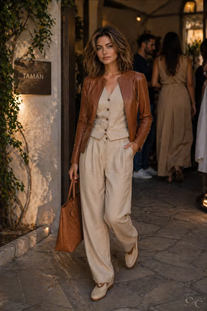 Camille walks confidently holding a brown bag, surrounded by people and rustic decor.
