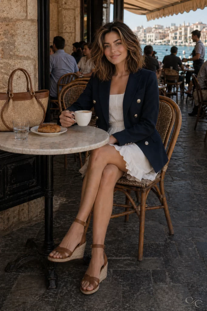 Woman enjoying coffee at a café by the waterfront with city view.
