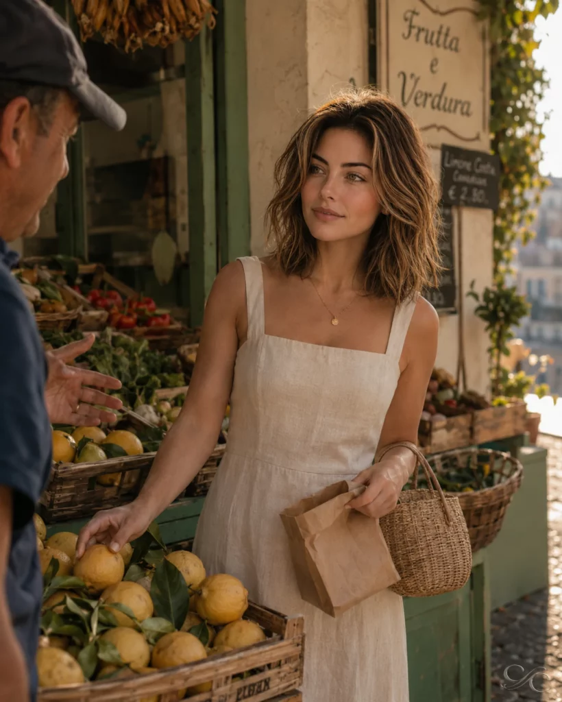 A woman selects fresh lemons at an outdoor market, holding a small paper bag.