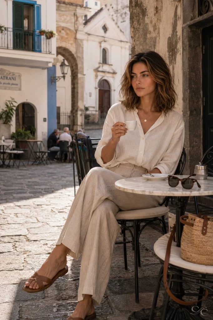 A woman sits at an outdoor café table, sipping coffee in a sunny courtyard.