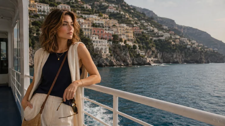 A woman stands on a boat, admiring coastal cliffs and colorful hillside buildings.