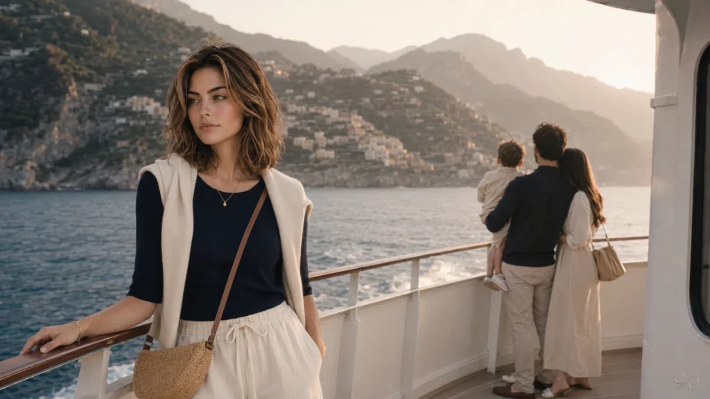 Camille stands on a boat deck, gazing at hillside buildings across the water.