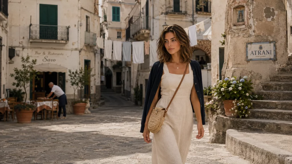 Camille strolls through a charming village square, with rustic buildings and outdoor dining.