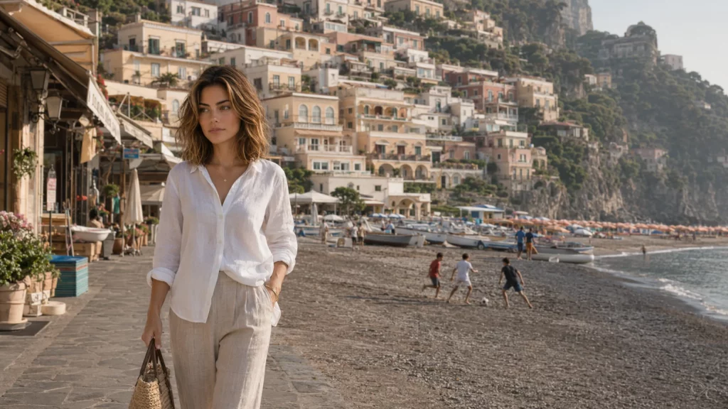 Camille walks along a scenic coastal promenade with hillside buildings in the background