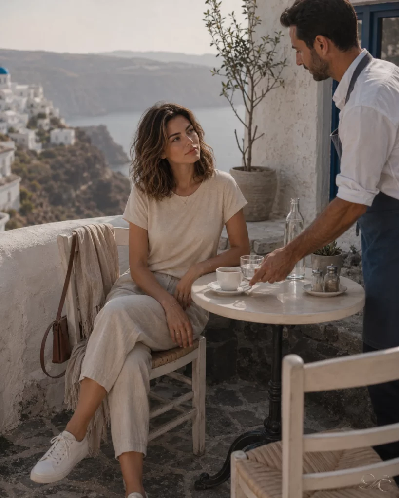 A woman sits at a cafe table outdoors, overlooking a scenic coastal view.