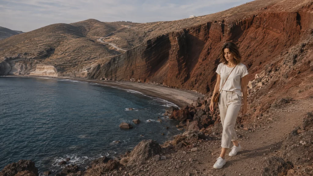 A woman strolls along a rocky coastal path with cliffs and ocean views.