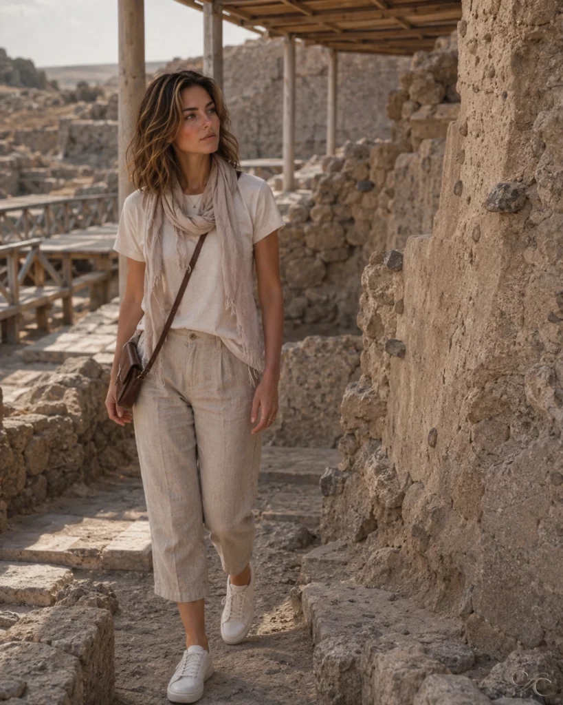 Camille is walking through ancient ruins, surrounded by stone walls and wooden structures