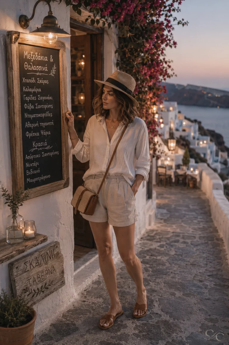 Camille reads a menu outside a restaurant on a cobblestone path by the sea