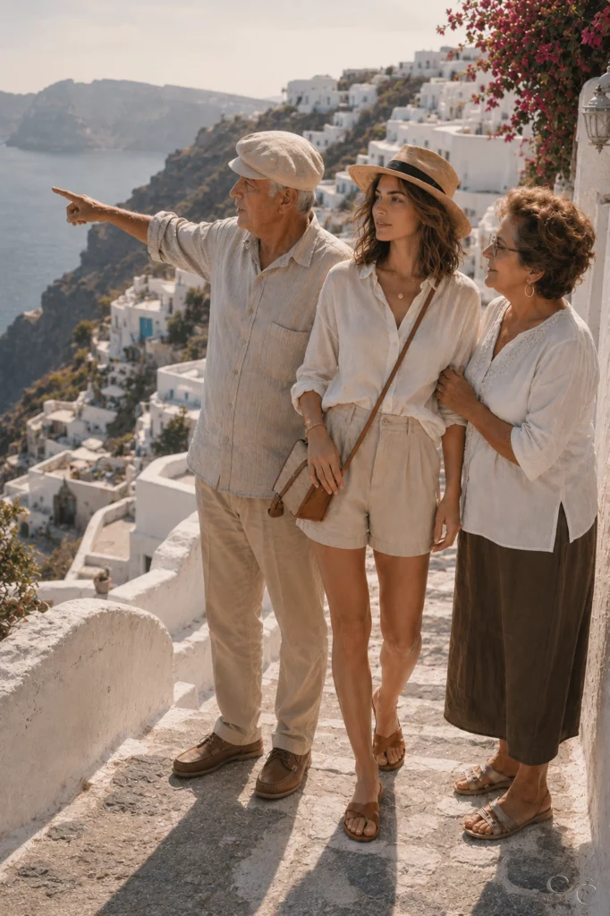Camille stands with two people, overlooking ocean and the Santorini hillside white buildings in sunlight.