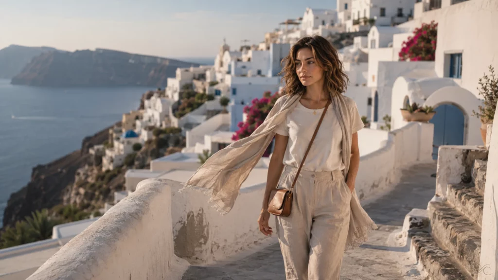 Camille walks along a sunlit path with white buildings and ocean in the background