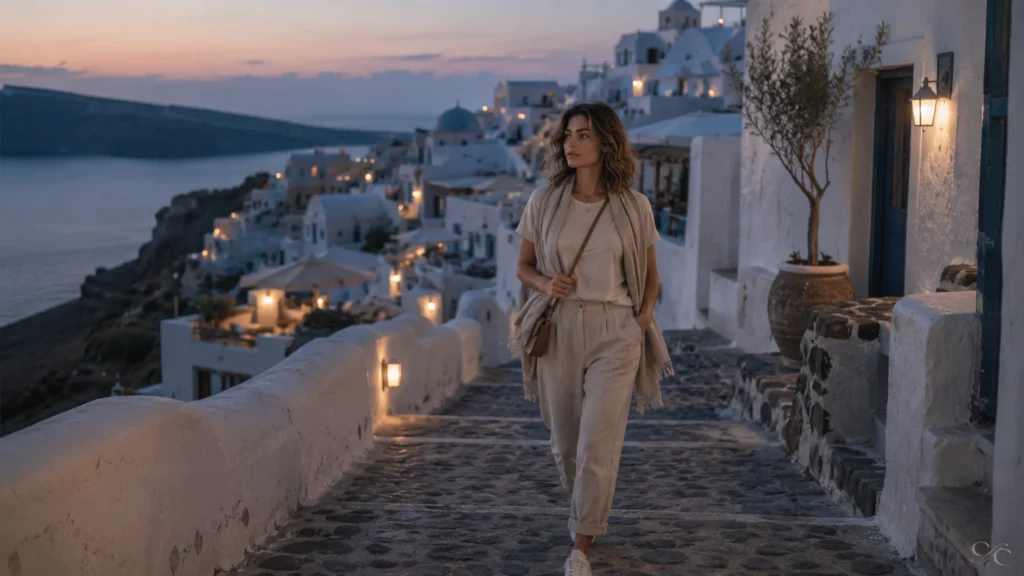 Camille walks down a cobblestone path at sunset, surrounded by whitewashed buildings.