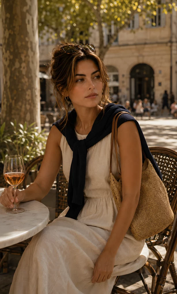 A woman enjoys a drink at an outdoor café, surrounded by trees and sunlight.