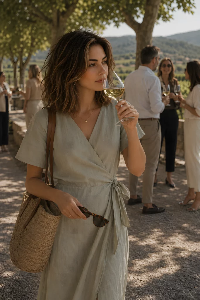 A woman sips wine outdoors, holding sunglasses, with people socializing in the background
