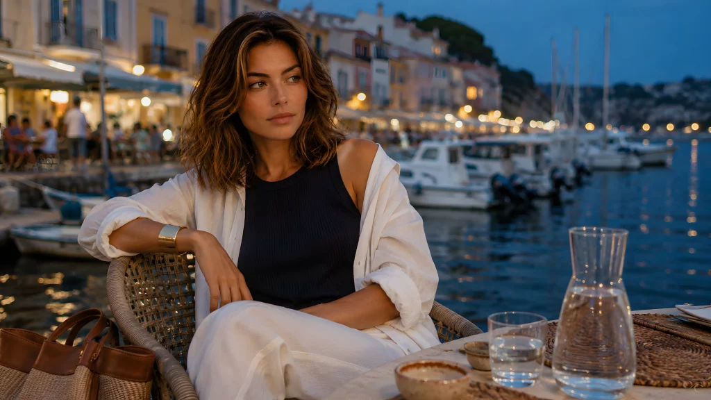 A woman sits at an outdoor cafe by a marina, surrounded by evening lights