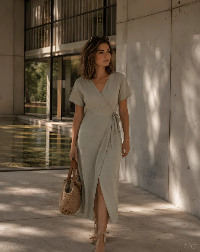 A woman walks beside a reflecting pool in a shaded modern architectural setting