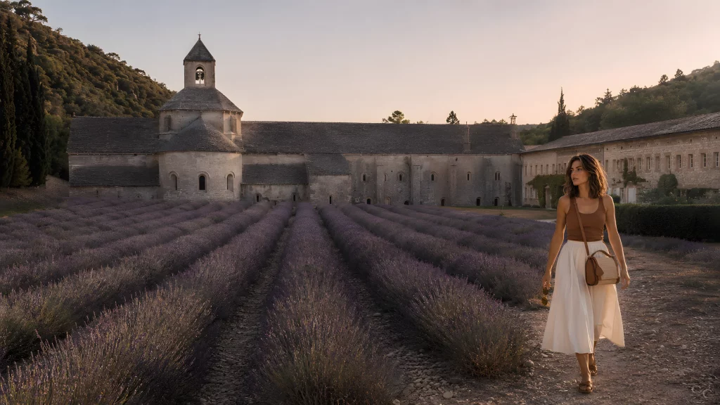 A woman walks through a lavender field near a historic stone building at sunset