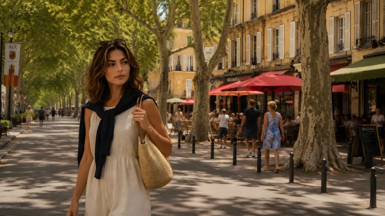 Camille walks along a tree-lined street past outdoor cafés and historic buildings