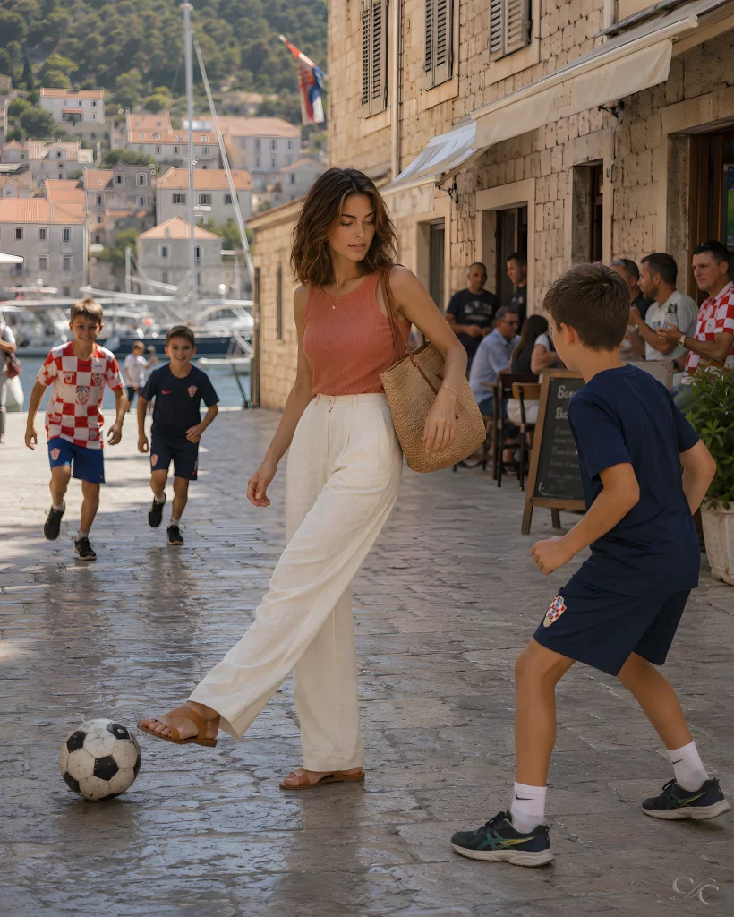 A woman in a casual outfit interacts with kids playing soccer on a cobblestone street