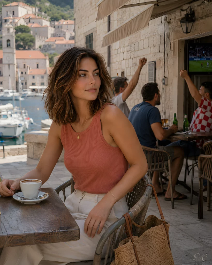 A woman sits at a cafe table outdoors, holding a cup, with a coastal townscape.