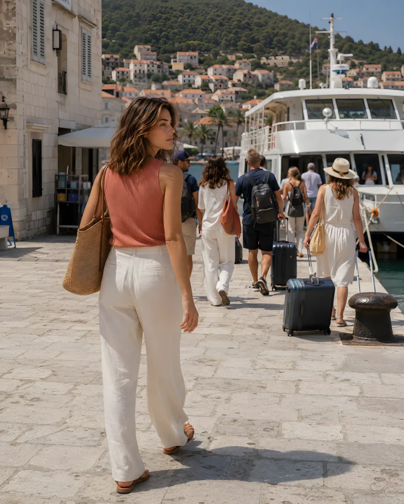 A woman walks along a sunny harbor promenade, surrounded by travelers with luggage.