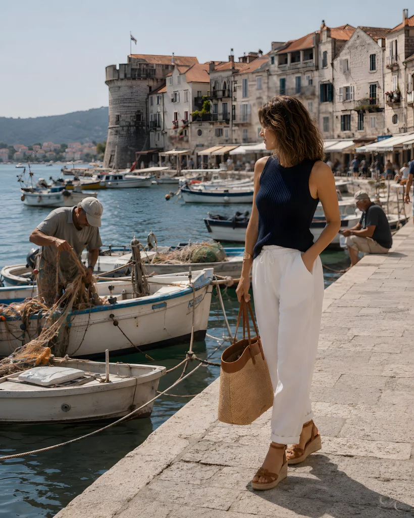 Camille walks along a harbor promenade with boats and a coastal town nearby