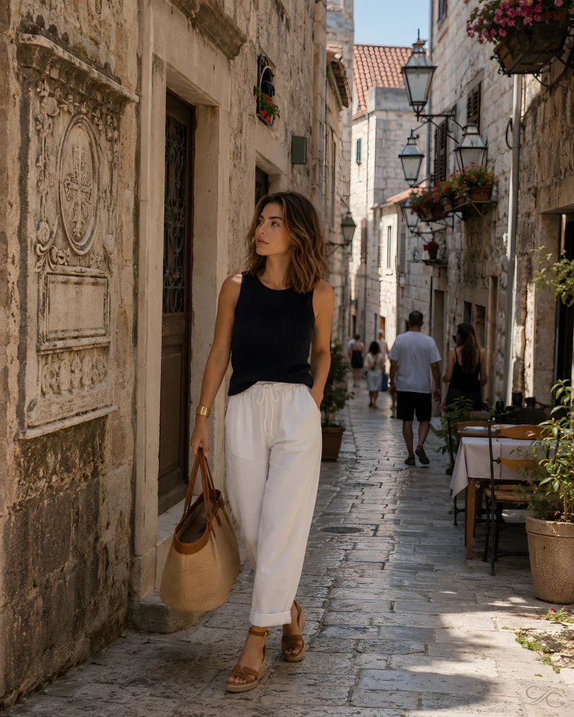 Woman strolls through a narrow, sunlit stone street, holding a bag, surrounded by buildings.