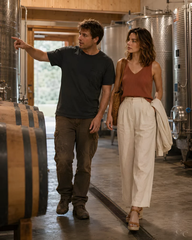 A woman and a man explore a winery, observing barrels and fermentation tanks.