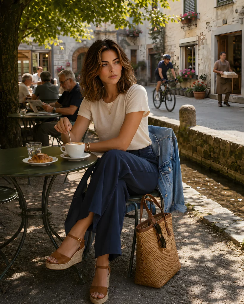 A woman enjoys coffee at an outdoor café, with people passing by nearby.