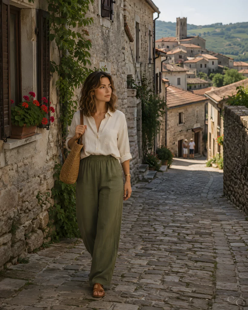 A woman walks down a cobblestone street in a rustic village surrounded by hills