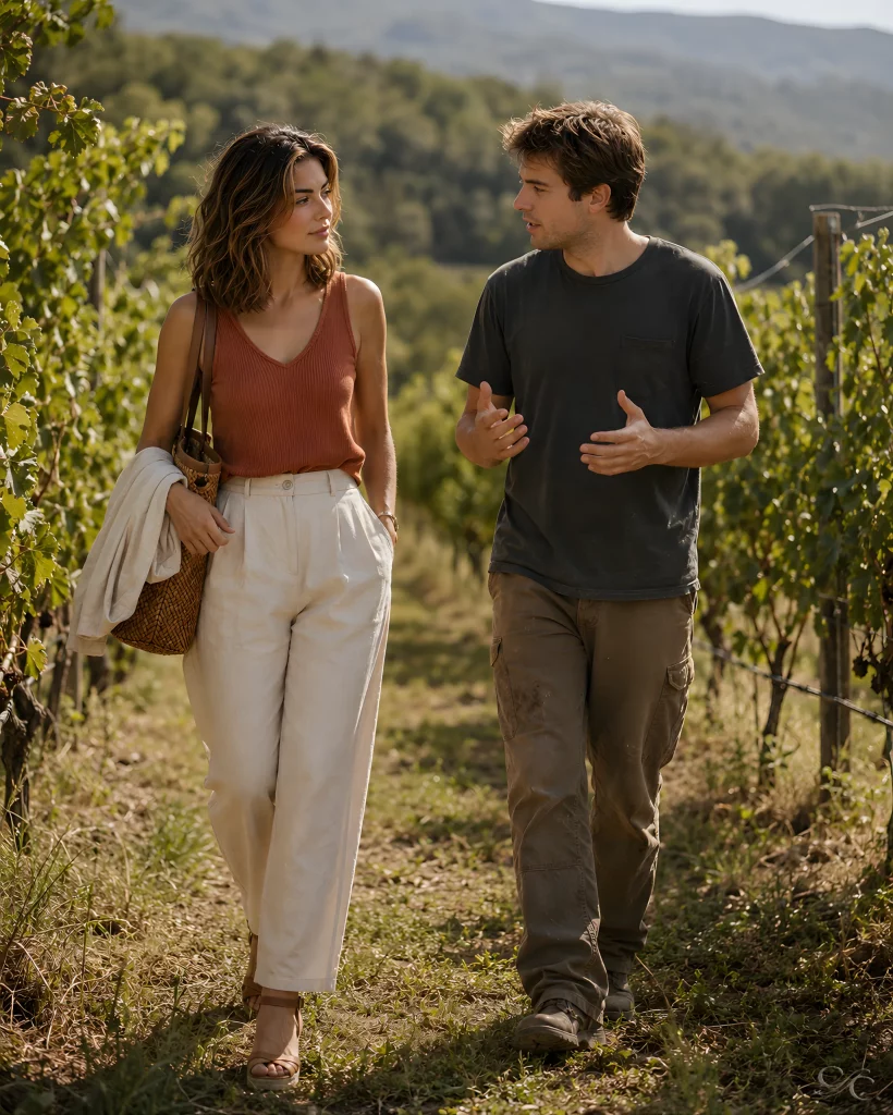 Camille and a person walk through a vineyard, engaged in conversation on a sunny day