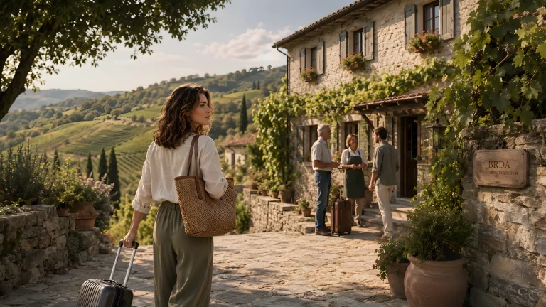 Camille arrives at a rustic guesthouse with rolling vineyards in the background