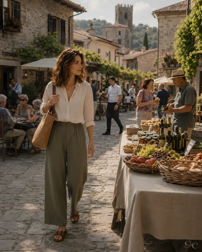 Camille explores a charming market street lined with stone buildings and outdoor cafes