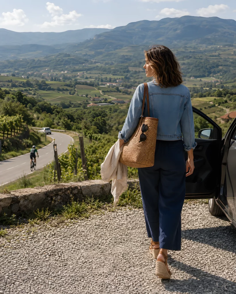 Camille stands by an open car door, gazing at a scenic mountain landscape