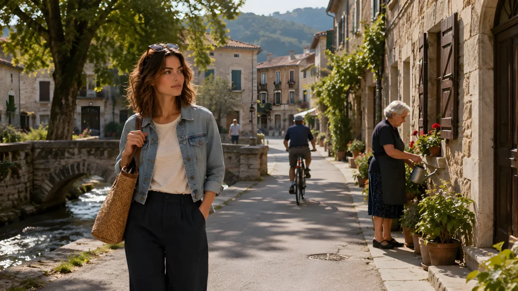 Camille walks along a charming village street, with a cyclist and a woman gardening.