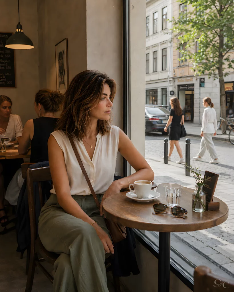 A woman sits by a window in a cafe, observing the street outside.