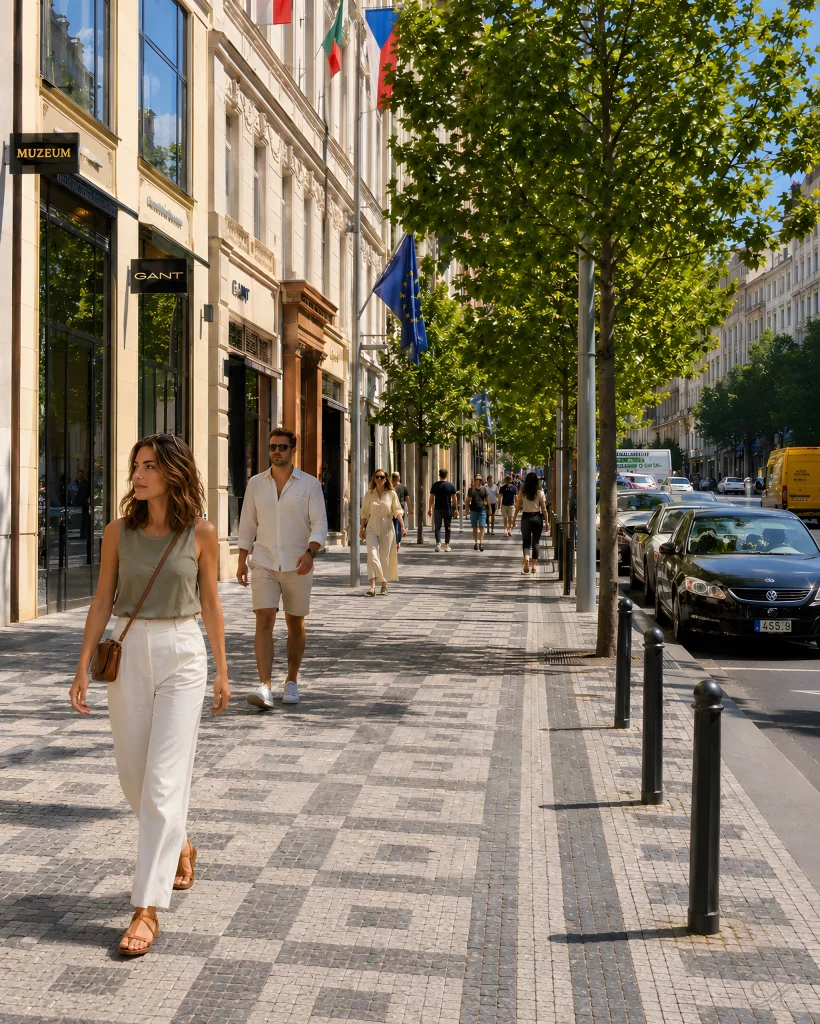 A woman strolls down a tree-lined city sidewalk with people and cars nearby