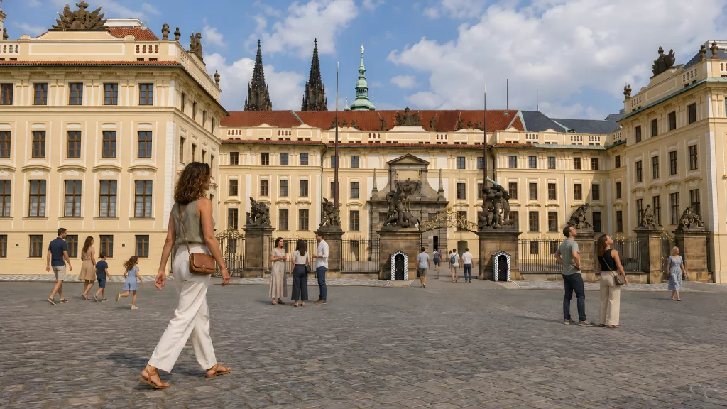 A woman strolls through a historic plaza with ornate buildings in the background