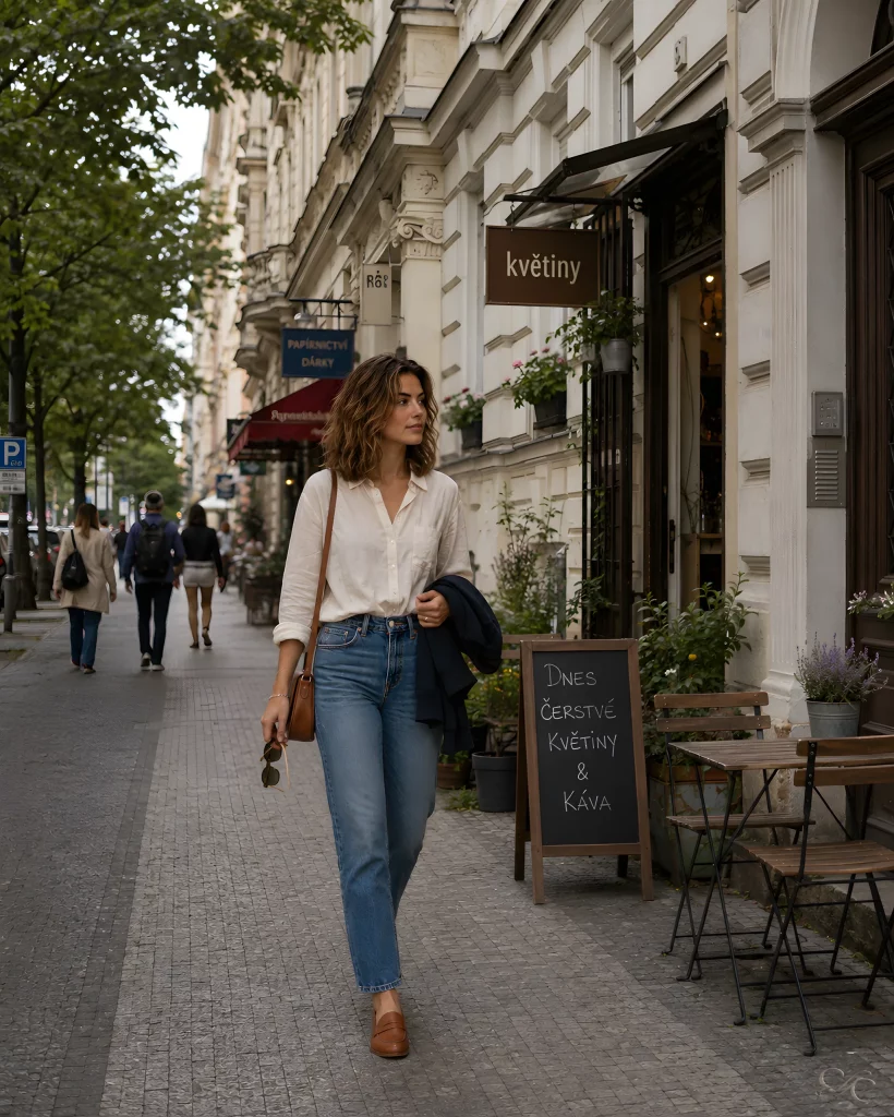 A woman walks along a city sidewalk, passing shop signs and outdoor seating.