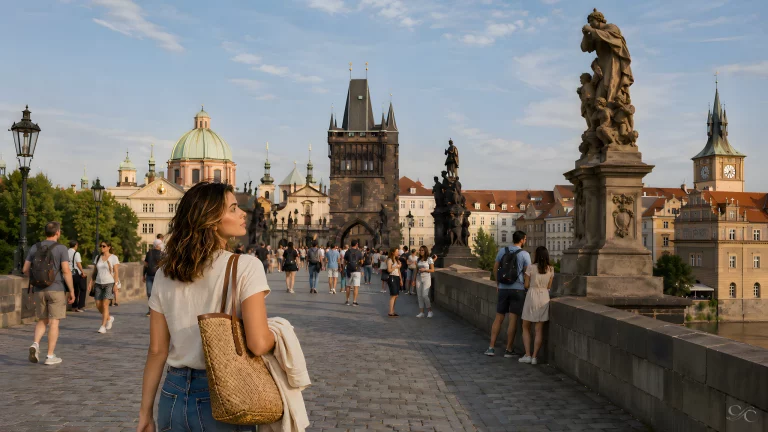 A woman walks along a historic bridge, surrounded by tourists and architectural landmarks.