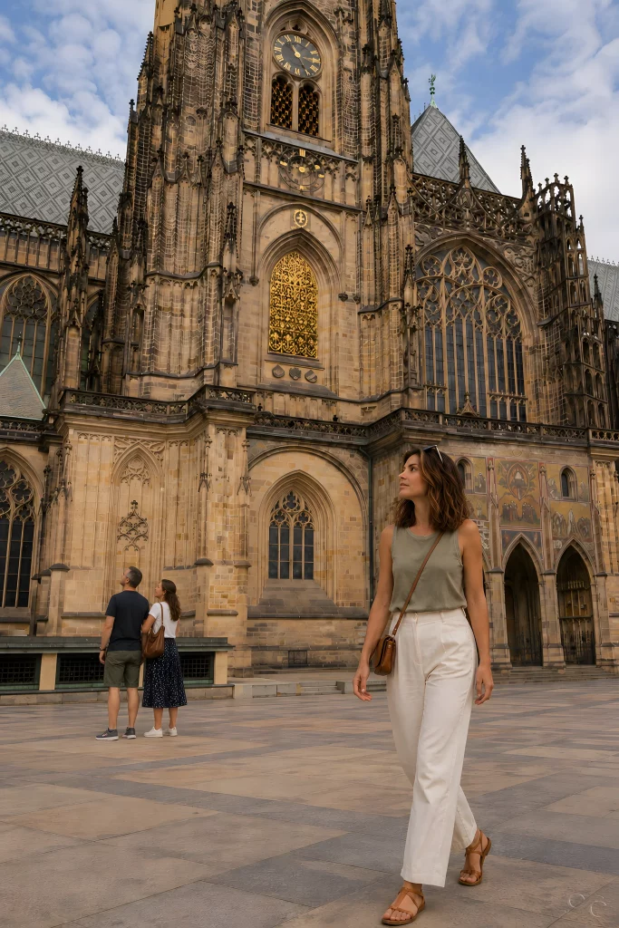 A woman walks past a grand historic cathedral with intricate architectural details.