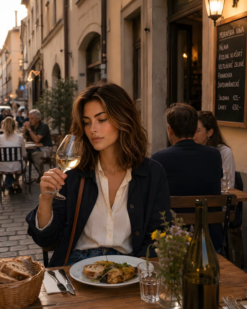 Camille enjoys a glass of wine at an outdoor cafe with cozy ambiance.