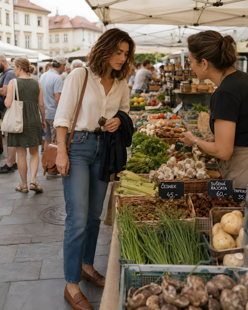 Camille examines fresh produce at an outdoor market, talking with a vendor.