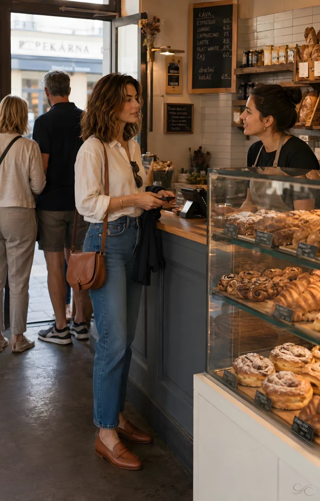 Camille orders at a bakery counter, chatting with a staff member, surrounded by pastries