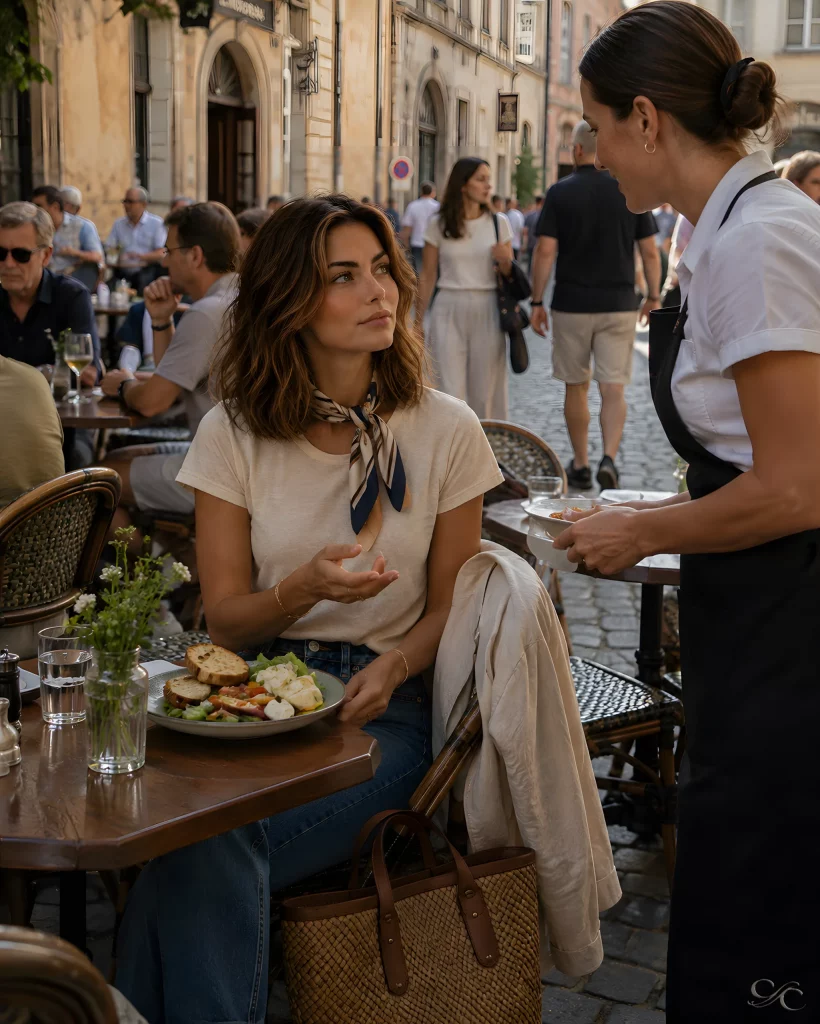 Camille sits outdoors at a café table with food, conversing with a server nearby