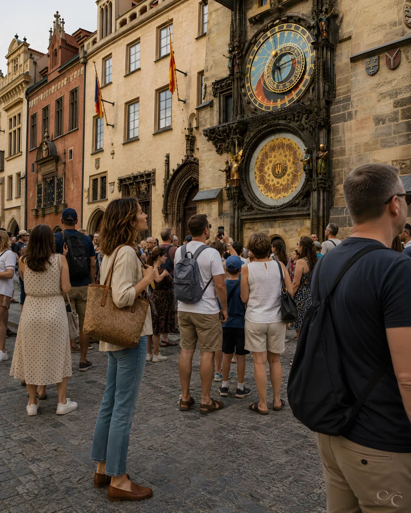 Camille stands among a crowd, observing a historic clock on a busy street.